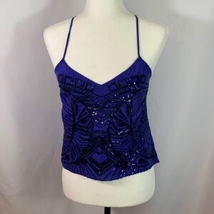 Bebe Blue Cropped Sequin Chiffon Silk Tank Top
